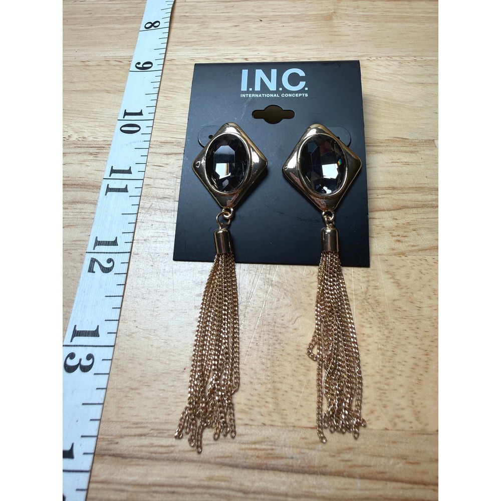 INC Gold Tone Smoke Grey Glass Stone Tassel Fringe Drop Earrings Statement Retro